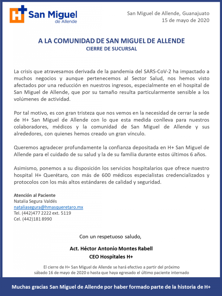 Hospitales H+ informa el cierre de su sucursal en San Miguel de Allende.