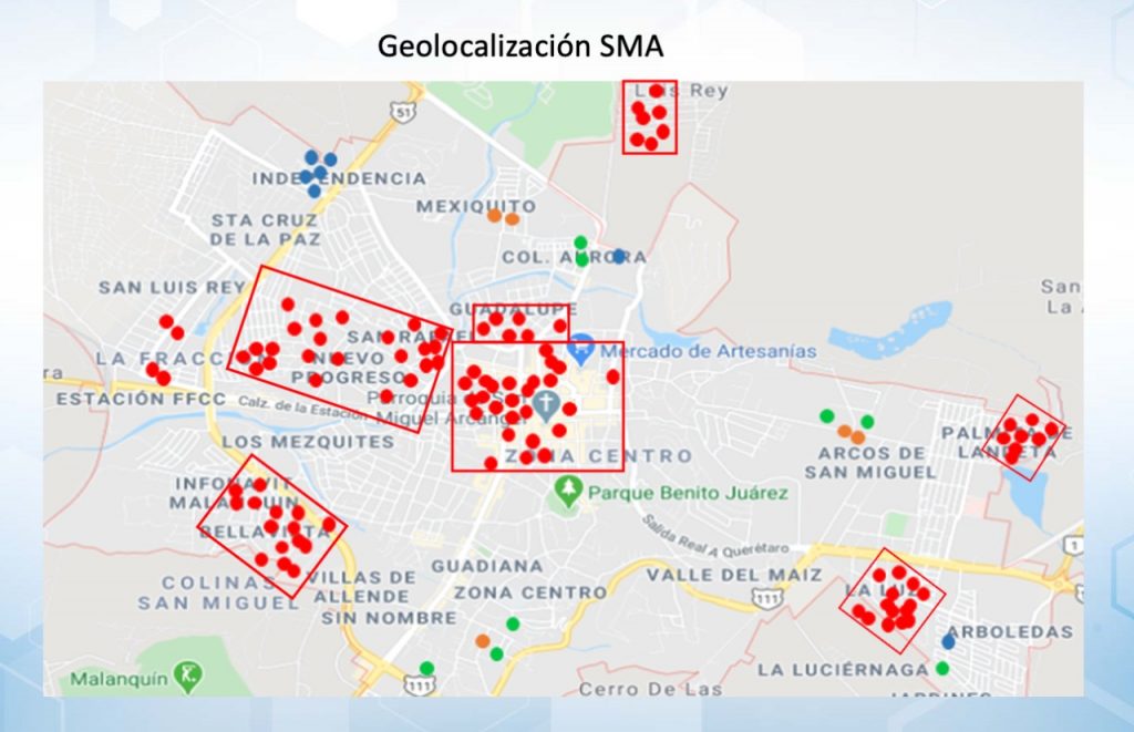 Ubicación de las siete colonias con más contagios en el municipio.